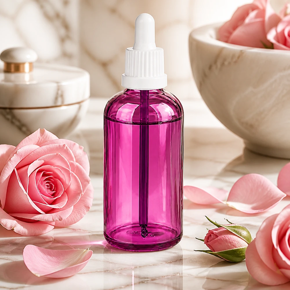 Flacone contagocce ovale da 100 ml in vetro viola per sieri ed essenze di bellezza