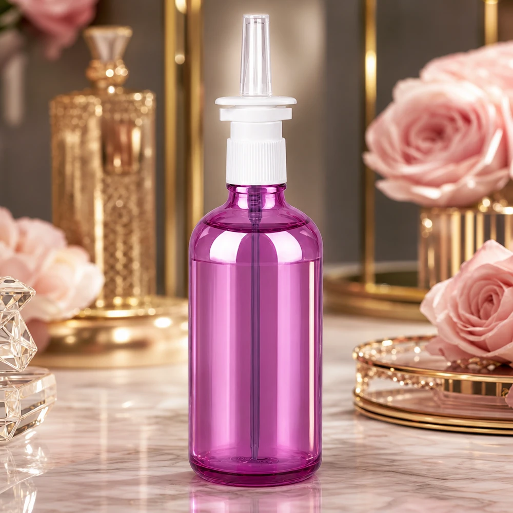 Robusto flacone per spray nasale da 100 ml con colorazione viola trasparente e meccanismo di nebulizzazione affidabile