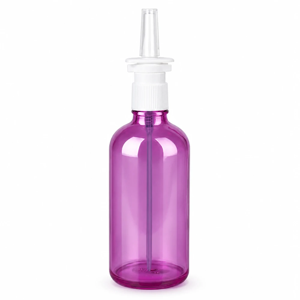 Contenitore per spray nasale da 100 ml di colore viola con testina bianca per un dosaggio preciso
