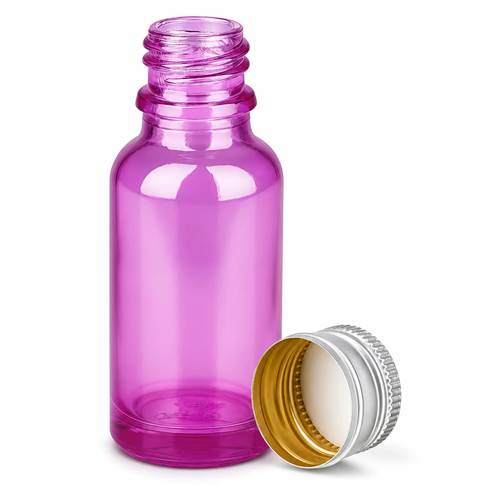 Flacone in vetro viola da 20 ml con filettatura standard e tappo in metallo per applicazioni di laboratorio