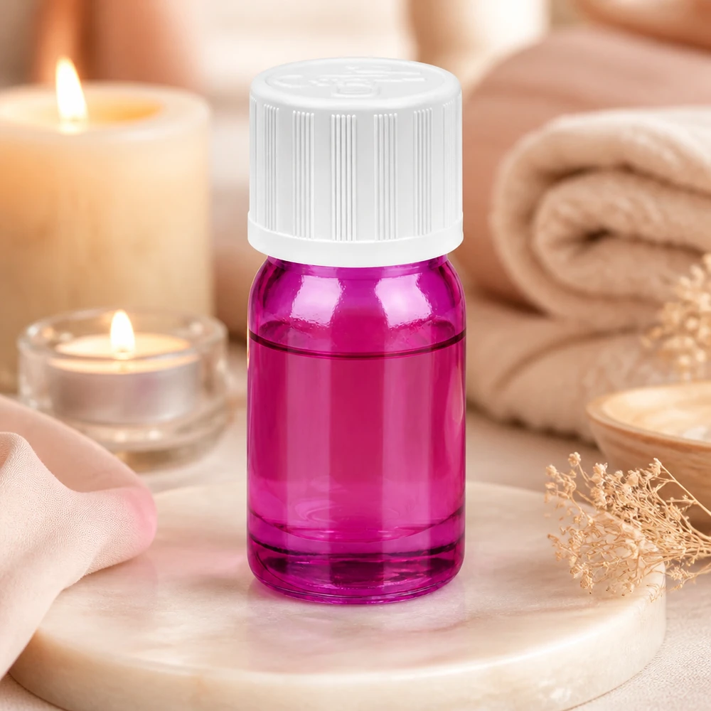 Flacone in vetro da 5 ml con tappo a prova di bambino, di colore viola, per una conservazione sicura del prodotto.