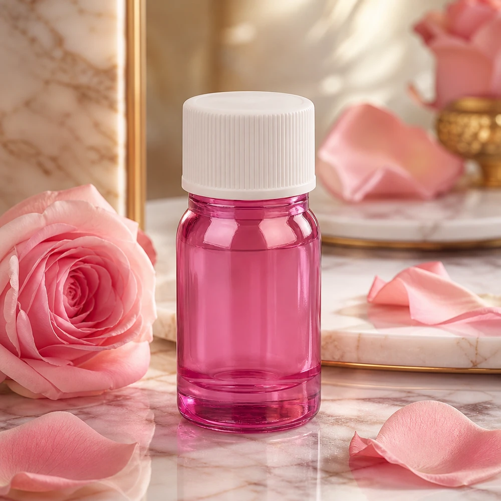 Piccolo flacone in vetro viola da 5 ml con coperchio bianco, ideale per i viaggi e gli spostamenti.