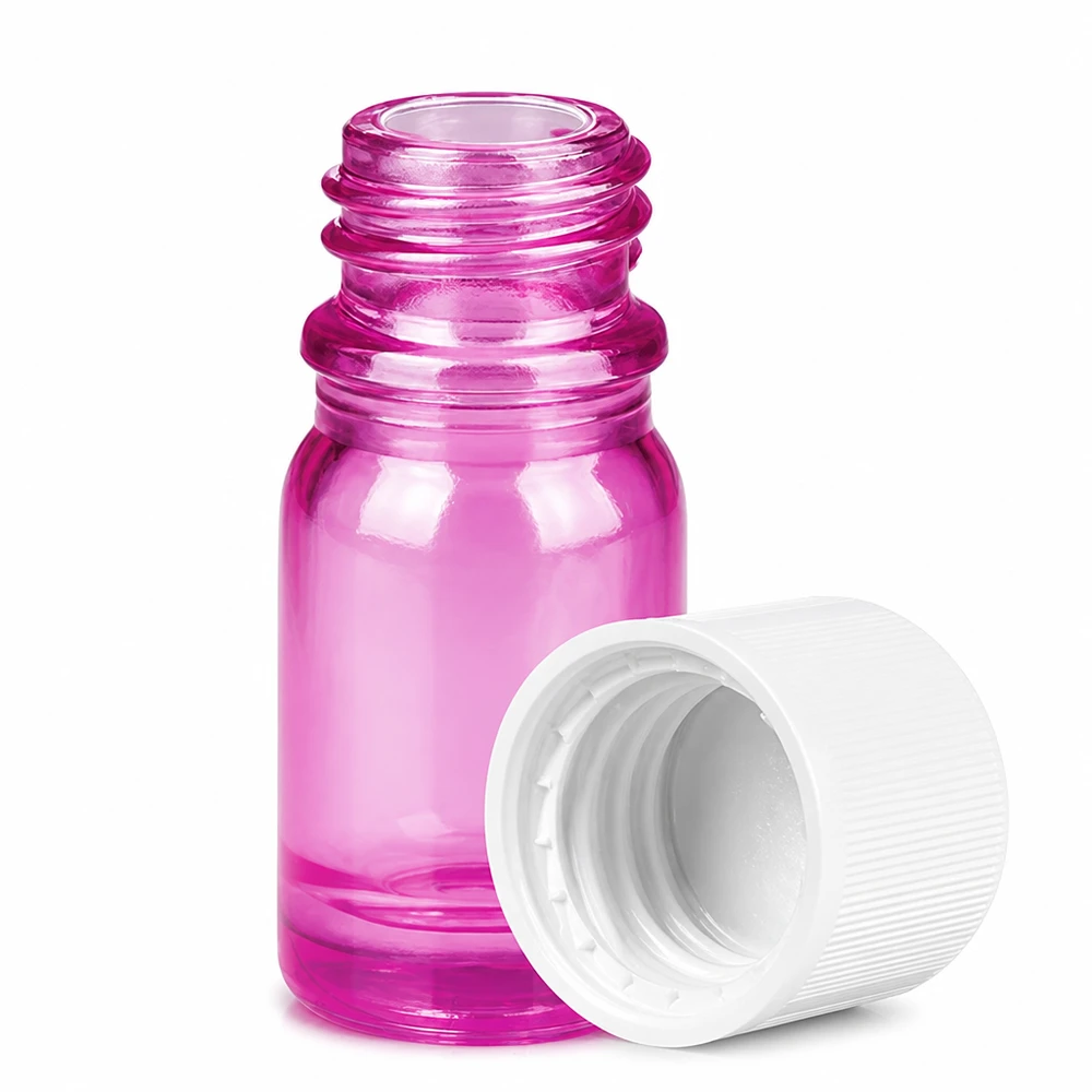 Robusto flacone da 5 ml in vetro colorato viola con tappo a vite bianco e sicuro.