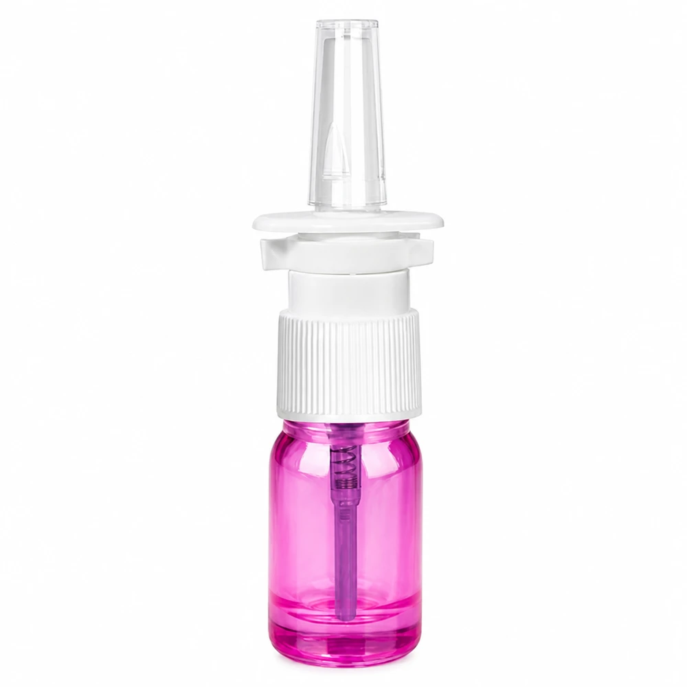 Pratico flacone spray nasale da 5 ml con corpo viola trasparente e pratico spruzzatore dosatore