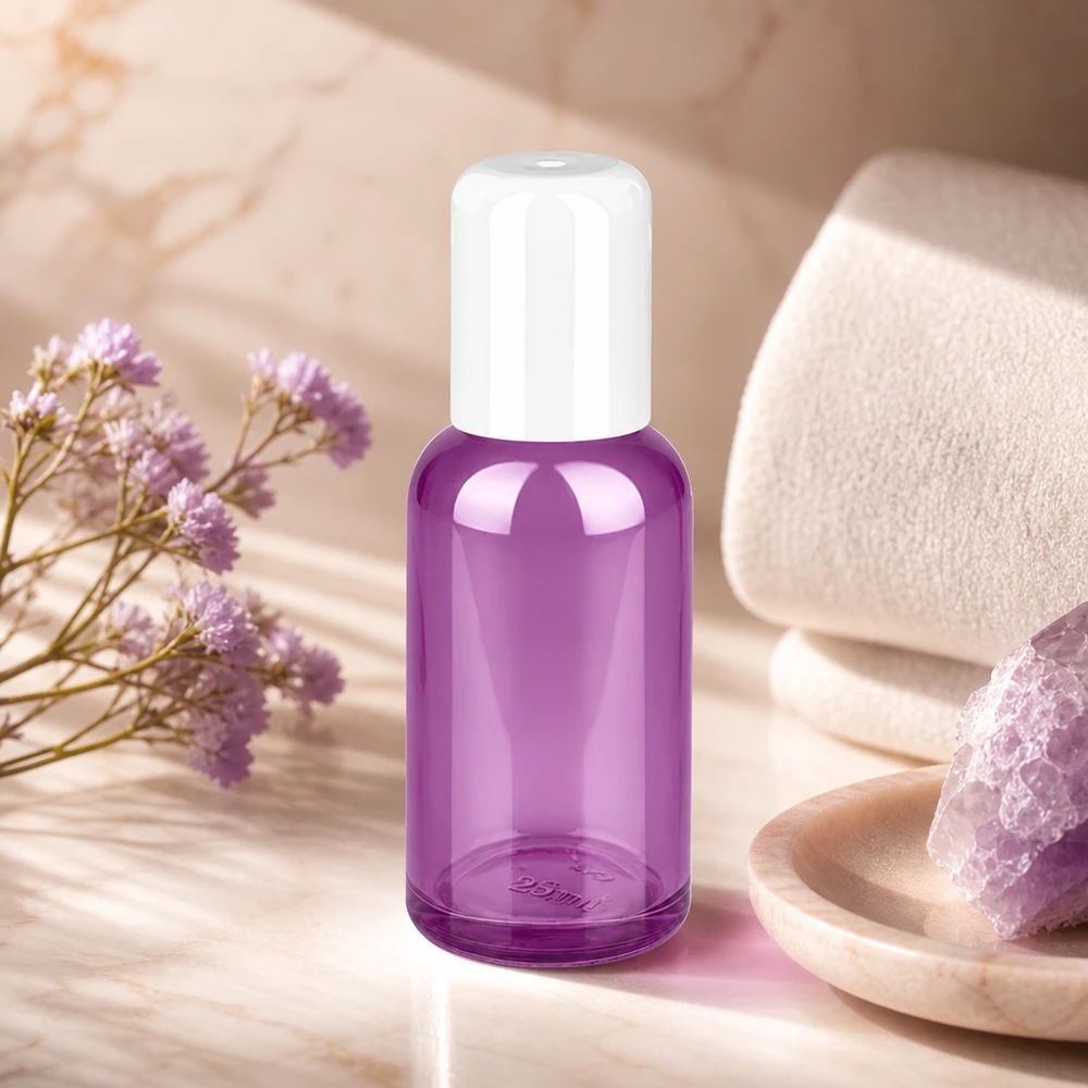 Moderno flacone roll-on da 30 ml in colore viola con design ergonomico per un utilizzo confortevole