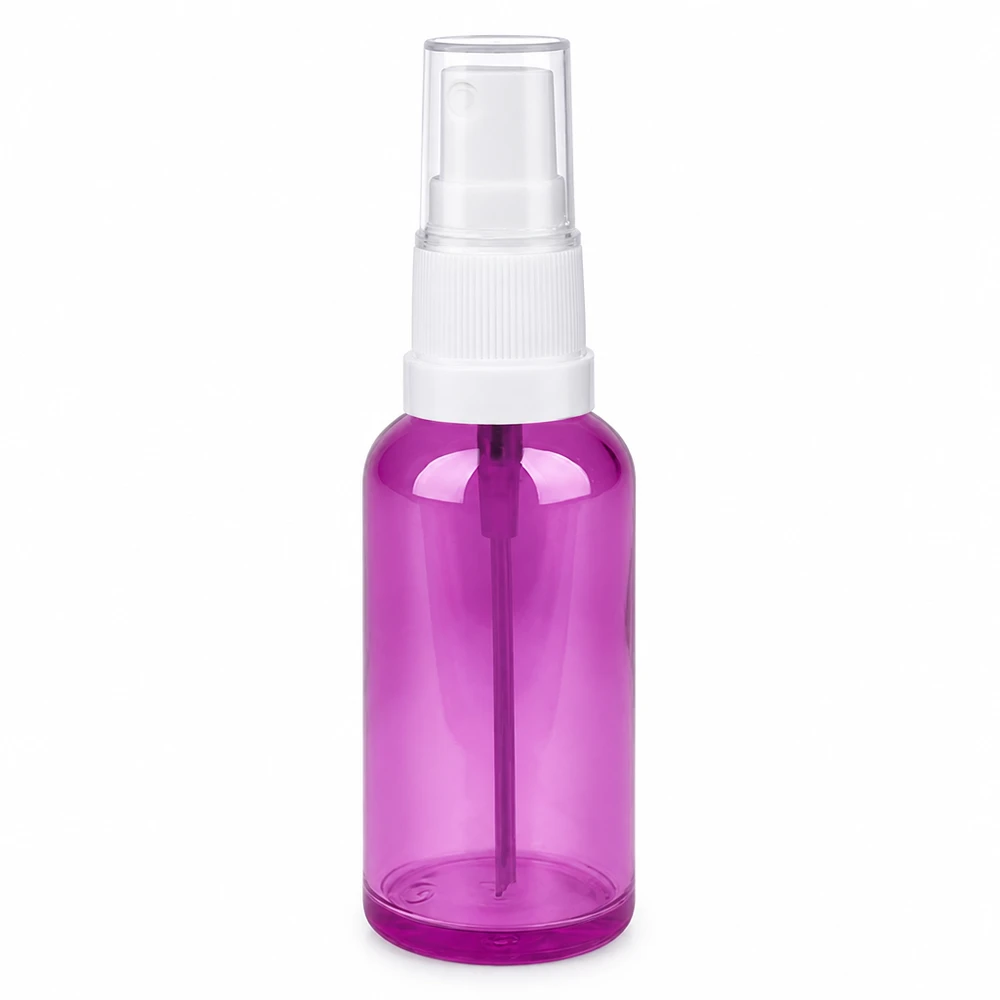 Flacone spray cosmetico da 50 ml con testina bianca e corpo in plastica viola