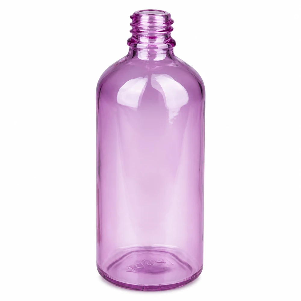 Flacone spray compatto da 100 ml di colore viola trasparente, ideale per i viaggi e gli spostamenti.