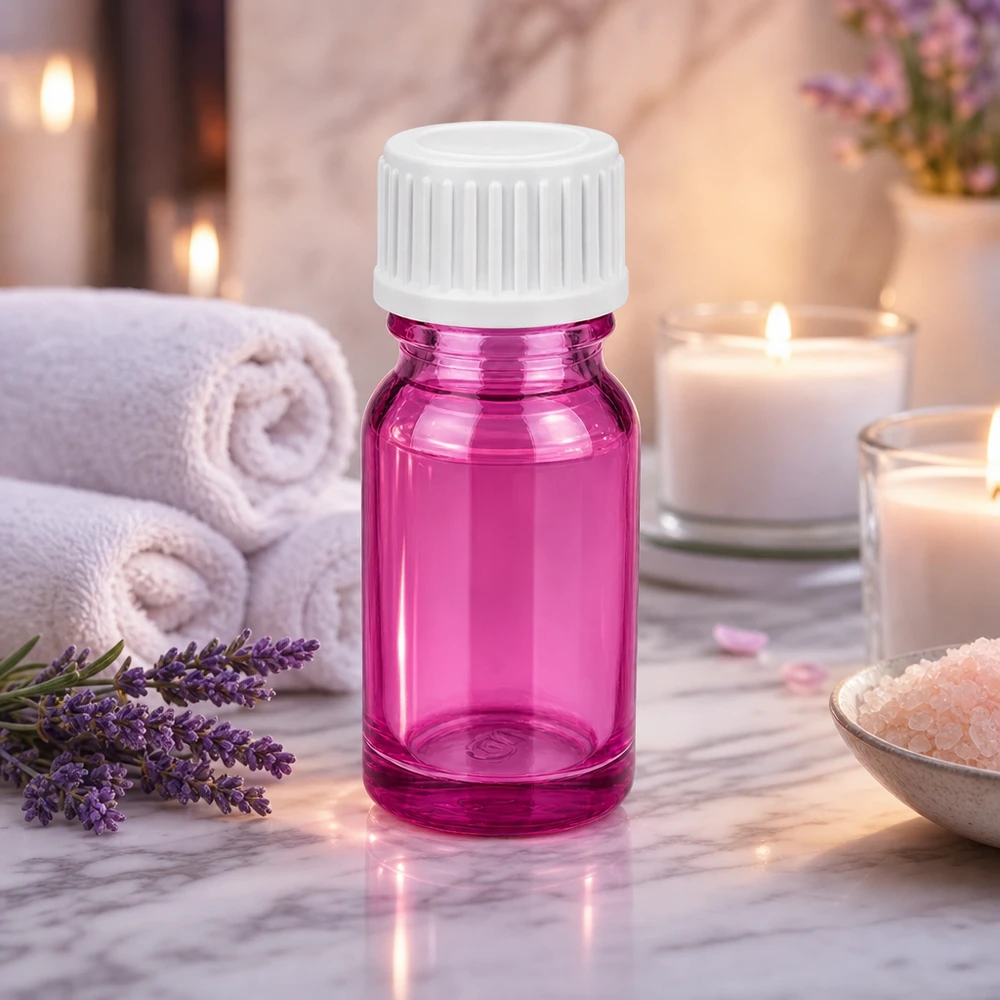 Robusto flacone in vetro da 10 ml di colore viola traslucido, ideale per sieri e concentrati.