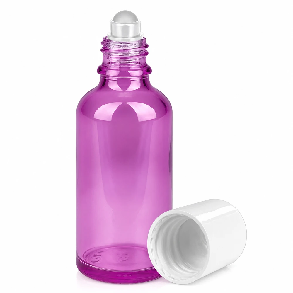 Flacone in vetro viola da 50 ml con sistema roller, ideale per gli oli di profumo e l'aromaterapia.