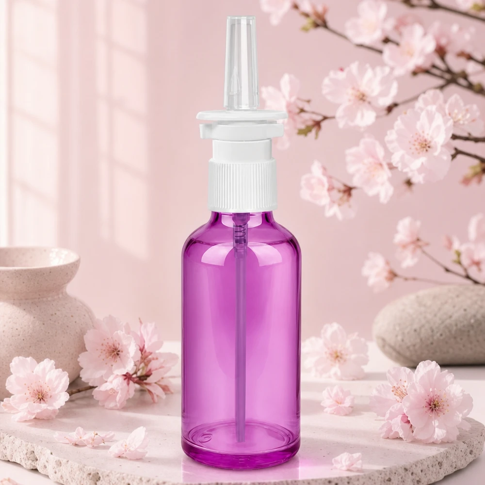 Flacone igienico per spray nasale da 50 ml con tappo di sicurezza dall'elegante design viola