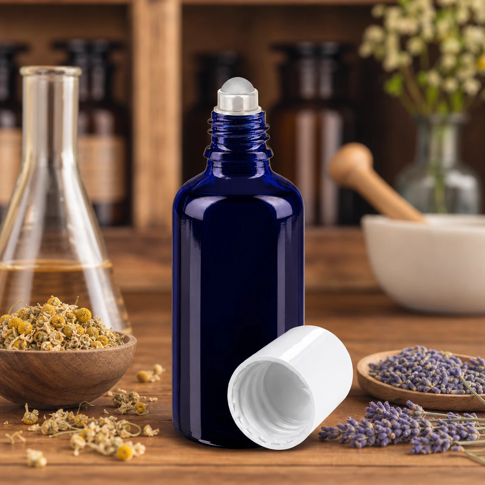 Flacone per deodorante stick in vetro blu 50 ml, roll-on vuoto Flacone da farmacia in vetro blu da 50 ml con applicatore a rotella e tappo bianco, tra fiori di lavanda e camomilla