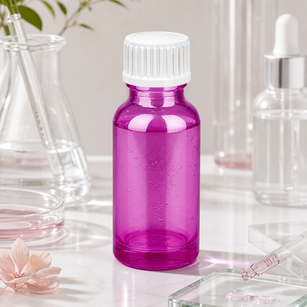 Flacone da 20 ml (globuli) con anello di versamento bianco standard PurpleLine.UT18/20 Flacone in vetro da 20 ml colorato di viola con spessore ottimale delle pareti per preparazioni farmaceutiche