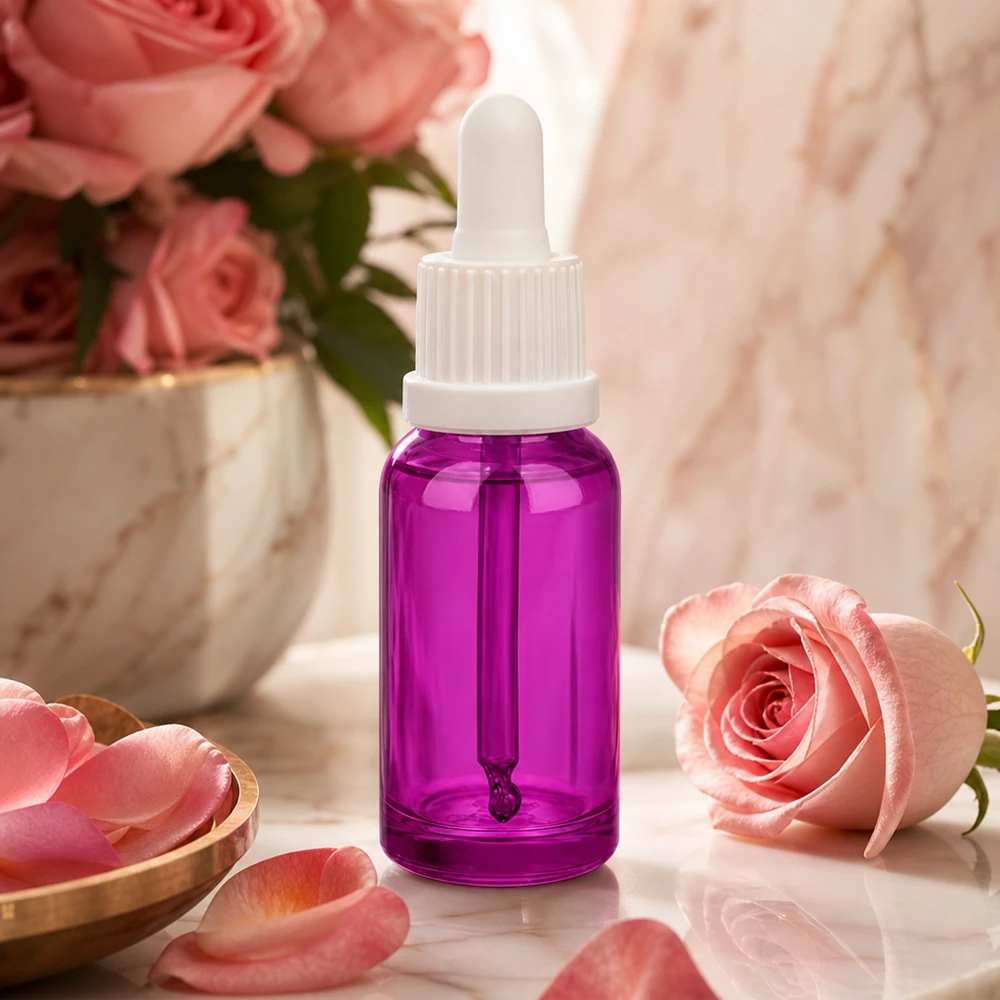 Piccolo flacone in vetro da 20 ml in colore viola con pratica pipetta per un'applicazione precisa
