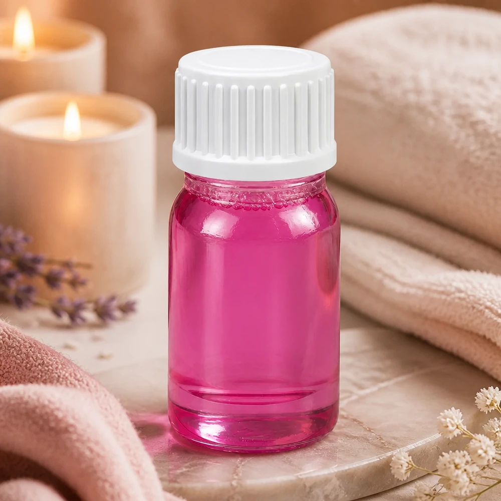 Flacone piccolo in vetro da 5 ml in magenta con coperchio bianco, ideale per i formati da viaggio e i campioni.