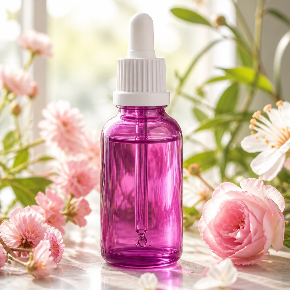 Flacone contagocce viola da 30 ml con tappo in gomma bianca, perfetto per cosmetici e oli fai da te
