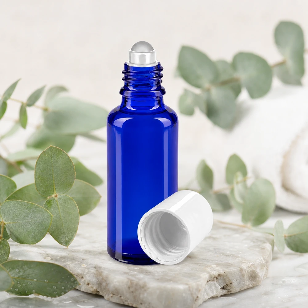 Flacone per deodorante stick in vetro blu 30 ml, roll-on vuoto Flacone roll-on da 30 ml in vetro da farmacia blu cobalto con tappo bianco e rametti di eucalipto