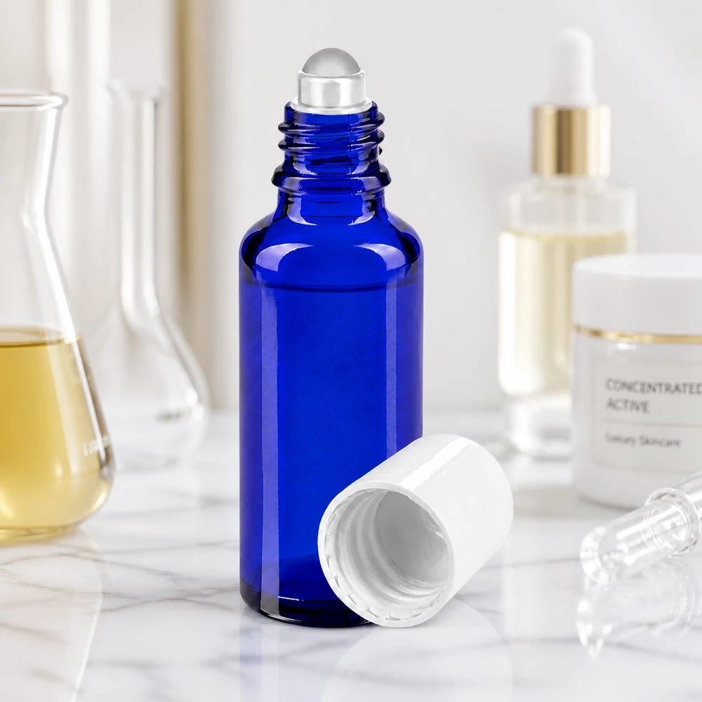 Flacone per deodorante stick in vetro blu 30 ml, roll-on vuoto Flacone blu con tappo a rotazione da 30 ml in vetro da farmacia, con sfera di vetro trasparente e tappo protettivo bianco