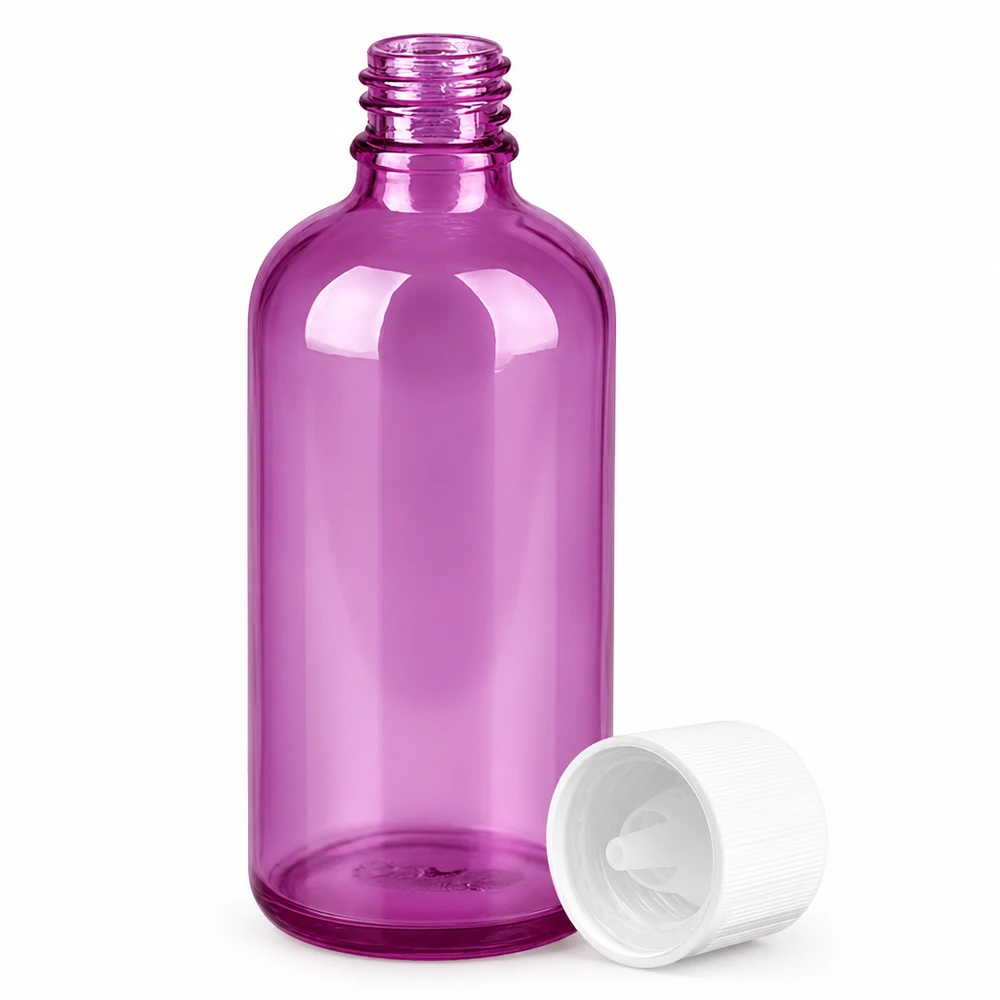 Flacone contagocce da 100 ml 1,2 mm bianco standard a prova di bambino PurpleLine. UT18/100 Piccolo flacone contagocce da 100 ml in vetro di alta qualità di colore viola brillante
