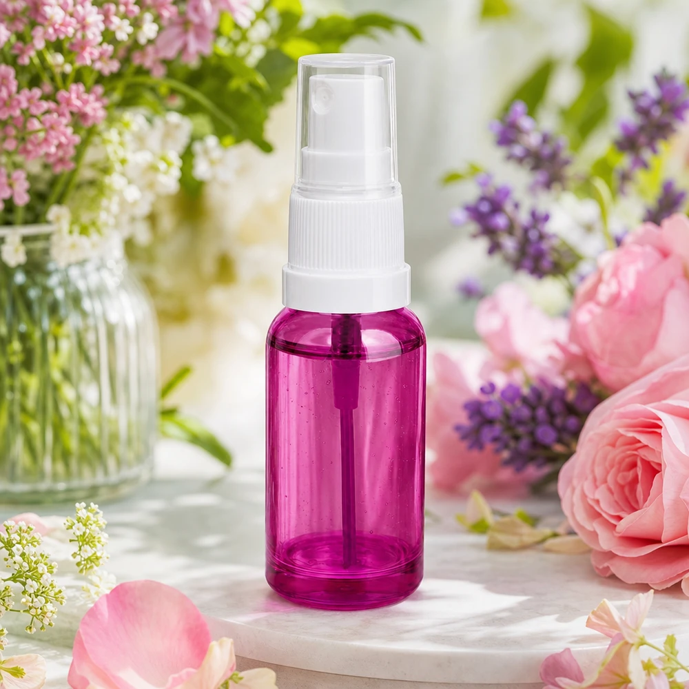 Flacone spray da 20 ml in un elegante colore viola con pompa spray bianca per applicazioni di bellezza