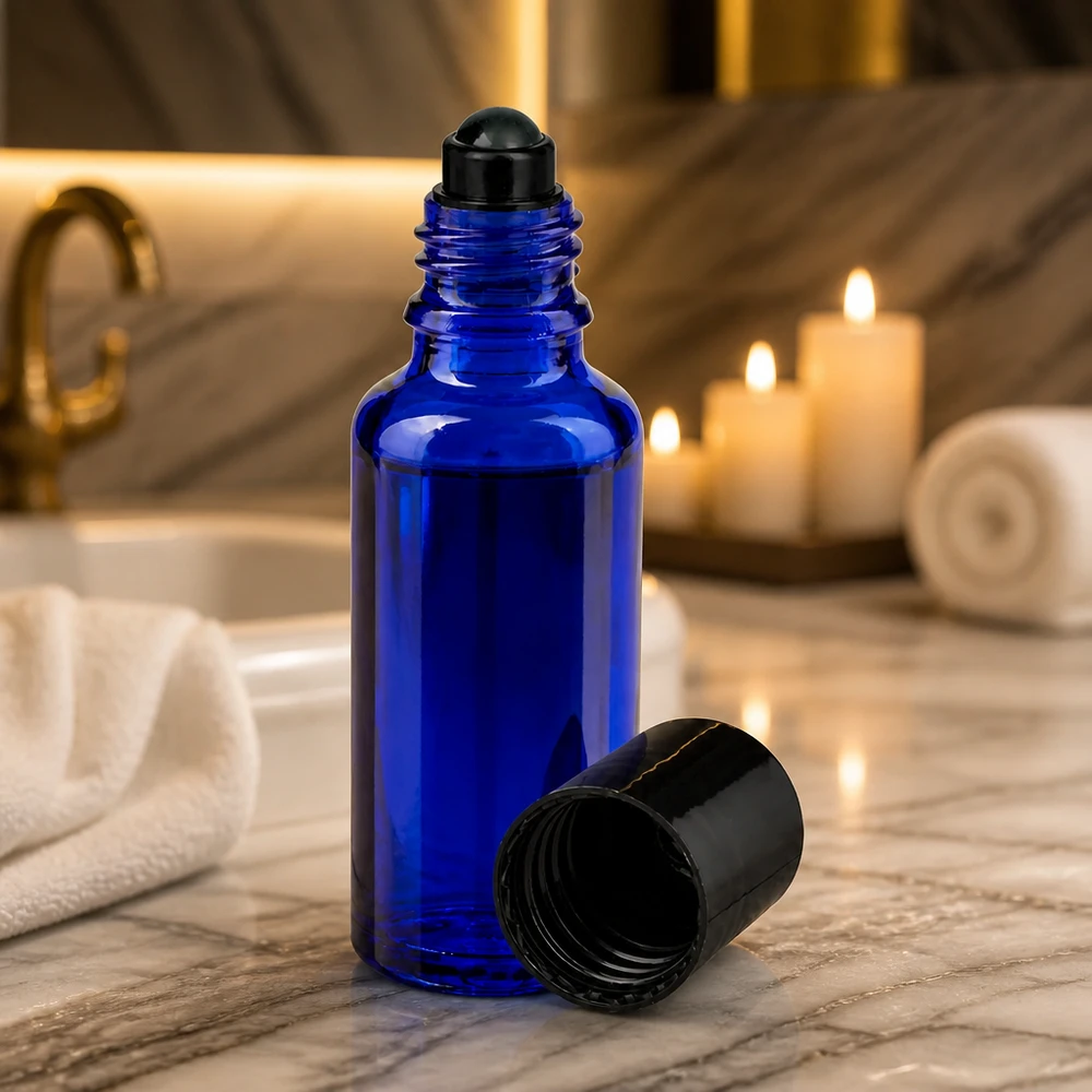 Flacone per deodorante stick in vetro blu 30 ml, roll-on vuoto Flacone roll-on da 30 ml in vetro da farmacia di colore blu cobalto con applicatore a sfera nero