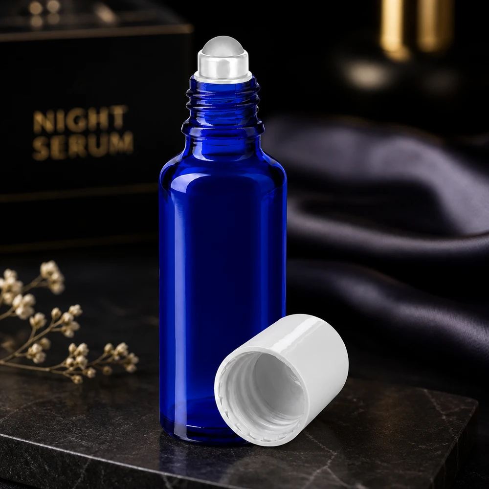 Flacone per deodorante stick in vetro blu 30 ml, roll-on vuoto Flacone in vetro da 30 ml color blu cobalto con applicatore roll-on e tappo bianco per siero da notte