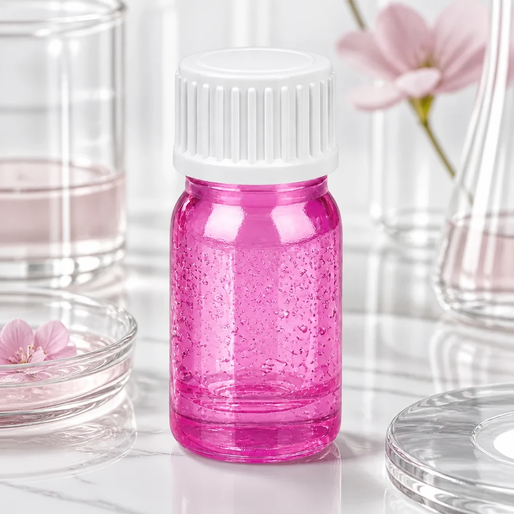 Pratico flacone in vetro da 5 ml nei toni del rosa con coperchio bianco, perfetto per le taglie da viaggio e i campioni.