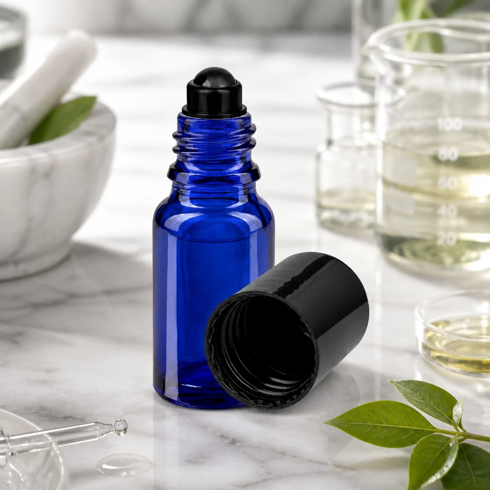 Flacone roll-on blu da 10 ml in vetro ApoGlas, aperto, con il tappo a vite nero rimosso, su una superficie di marmo