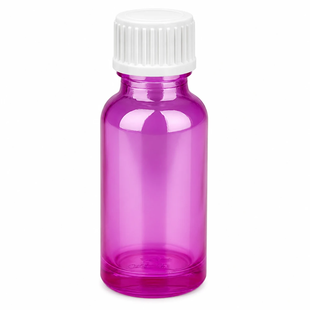 Flacone in vetro viola brillante da 20 ml con tappo bianco ideale per i cosmetici fai da te