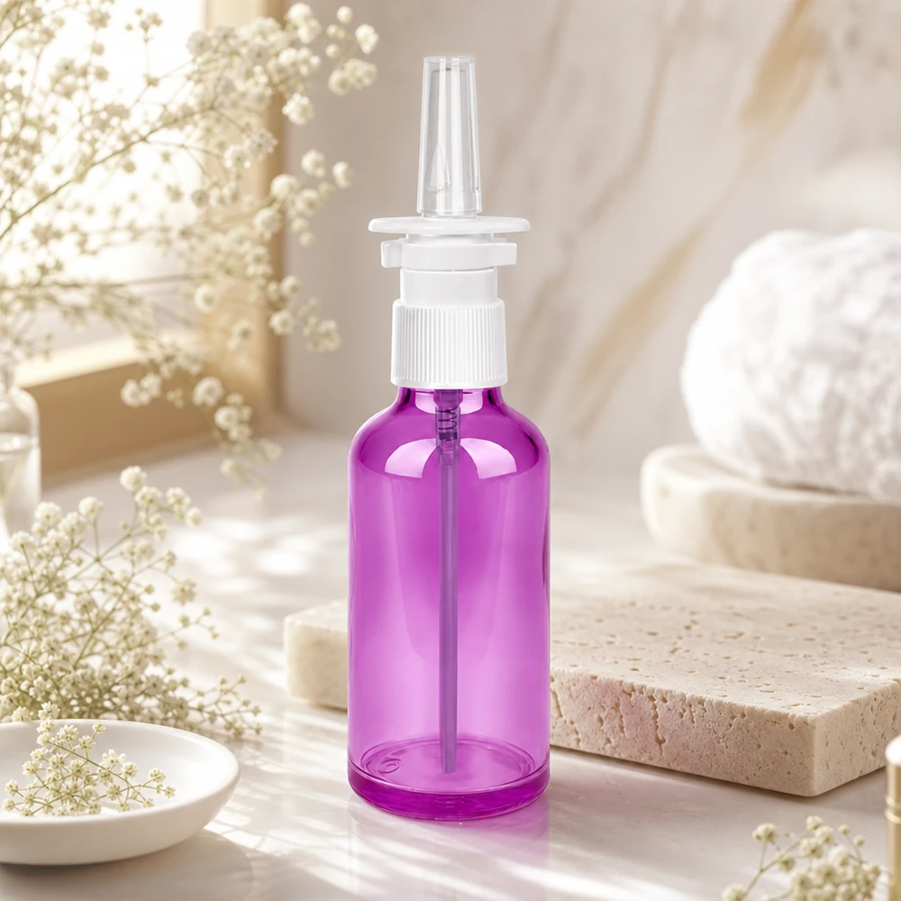 Contenitore per spray nasale da 50 ml in colore viola con tappo a prova di bambino per una conservazione sicura