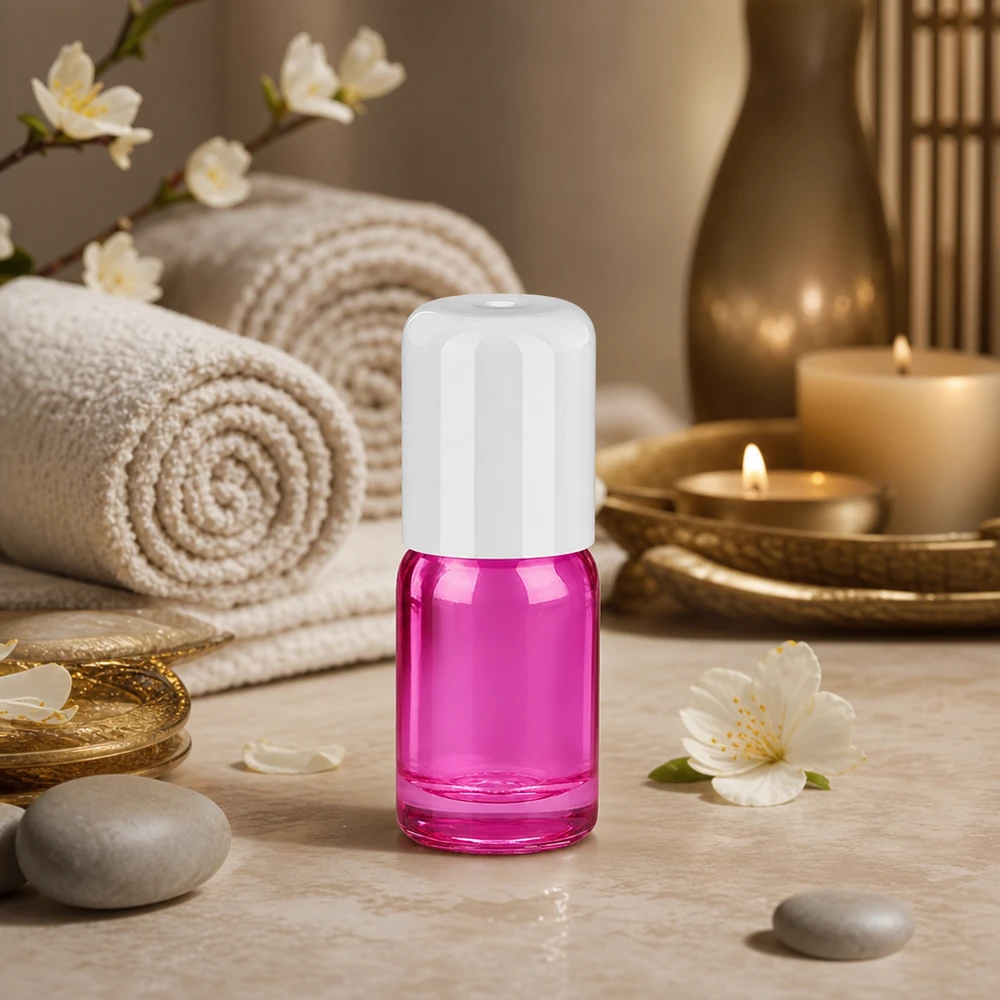 Flacone roll-on in vetro da 5 ml di colore viola intenso con tappo bianco per miscele aromaterapiche