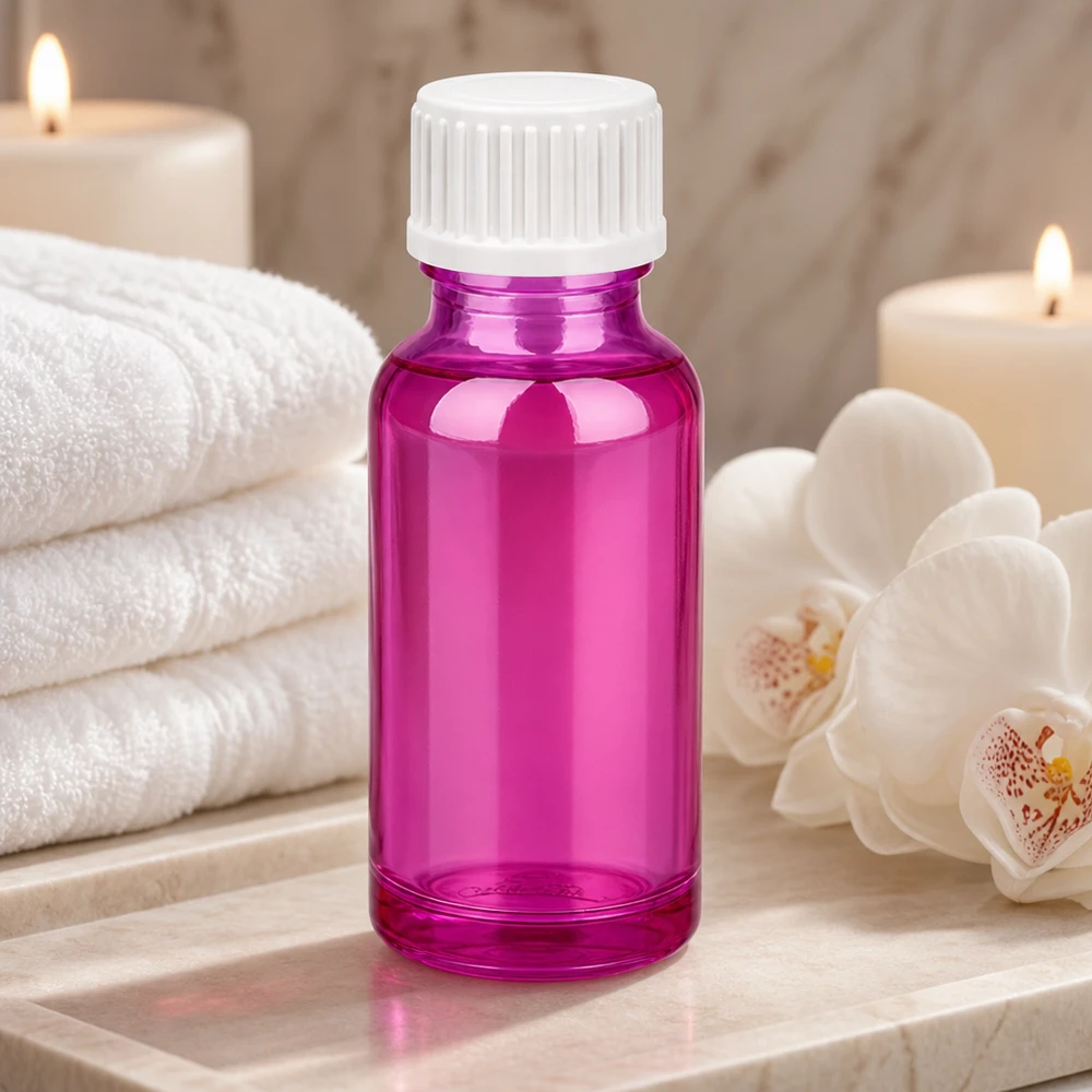 Pratico flacone in vetro da 20 ml di colore berry con tappo a prova di perdite