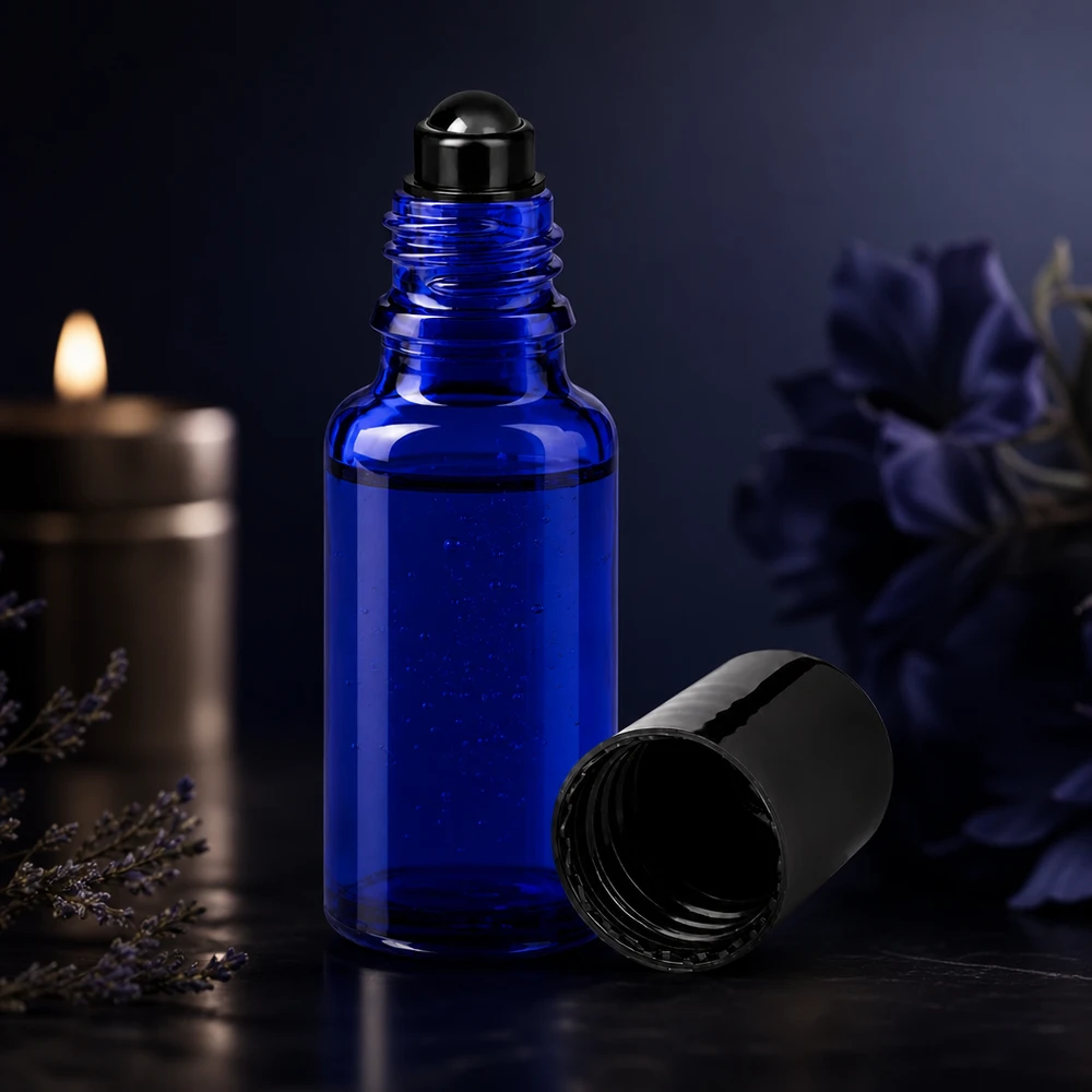 Flacone per deodorante stick in vetro blu 20 ml, roll-on vuoto Piccolo flacone da farmacia da 20 ml di colore blu con applicatore a sfera rotante e tappo nero rimovibile
