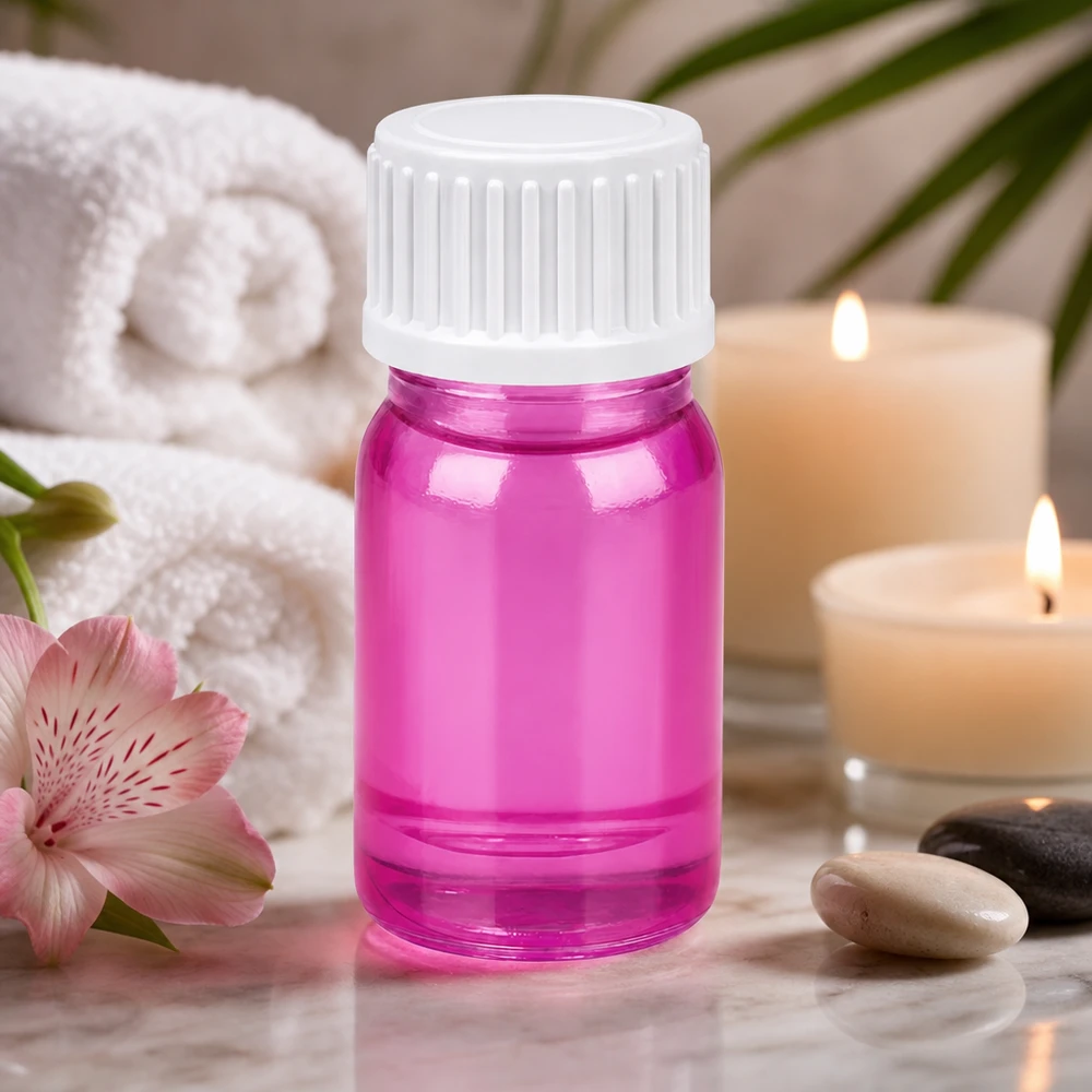 Mini flacone in vetro da 5 ml in rosa magenta con protezione UV per ingredienti sensibili alla luce