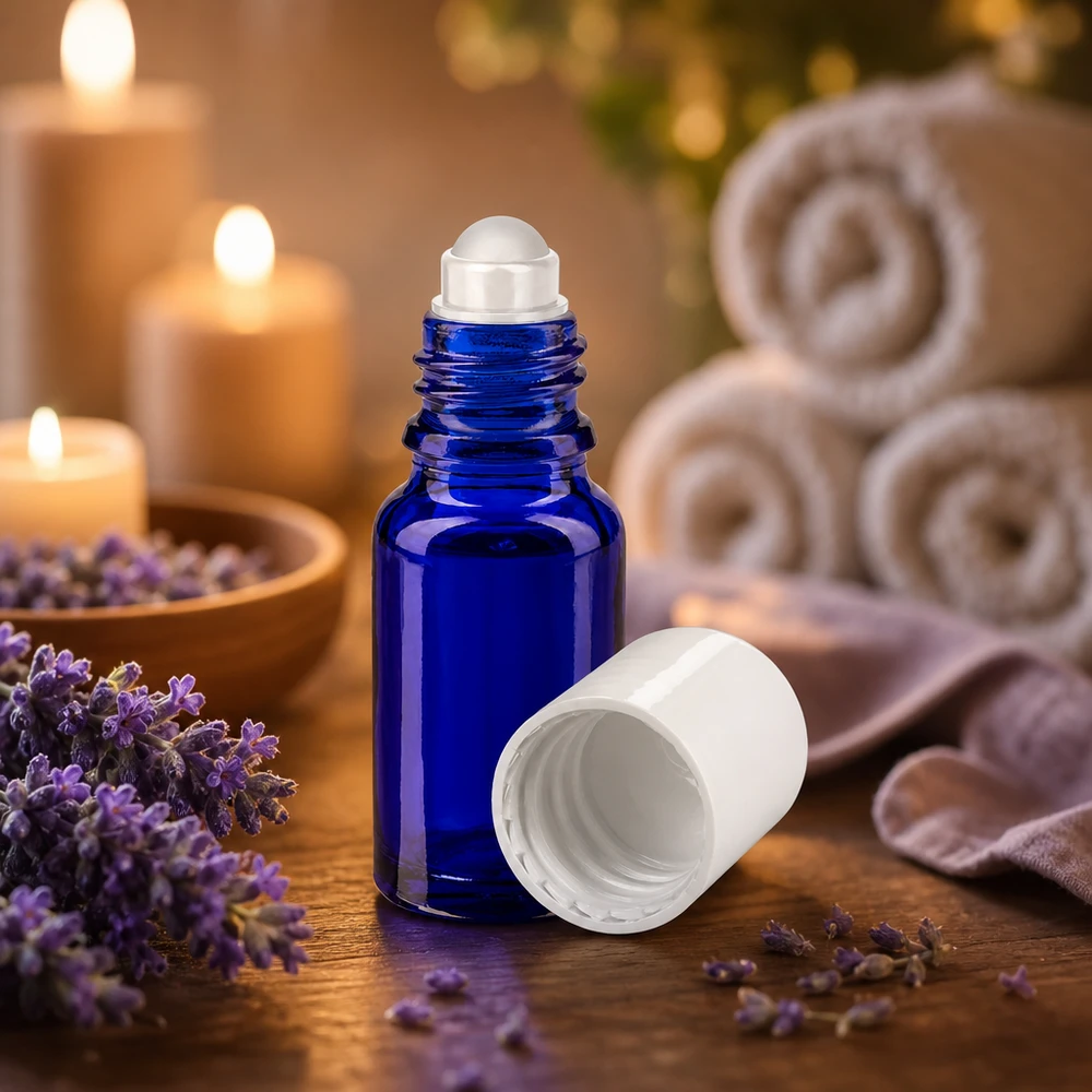 Flacone roll-on da 10 ml color blu cobalto con applicatore a sfera, tra fiori di lavanda e candele