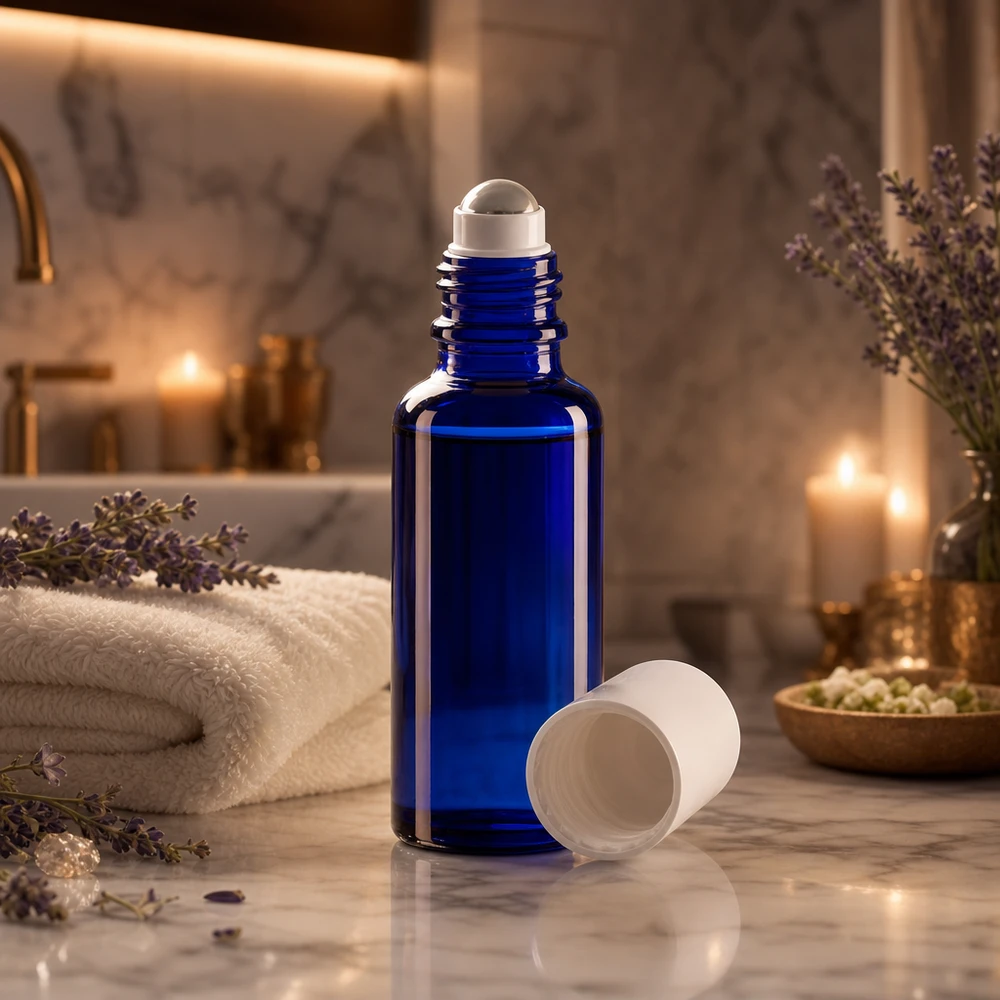 Flacone roll-on da 30 ml in vetro da farmacia blu cobalto con tappo bianco su fondo marmorizzato