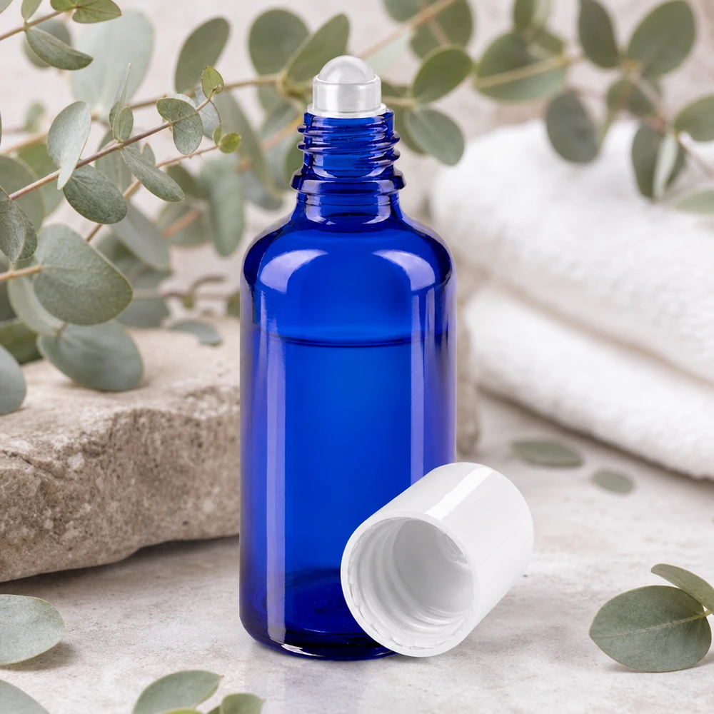 Flacone per deodorante stick in vetro blu 50 ml, roll-on vuoto Flacone roll-on blu in vetro da farmacia da 50 ml con applicatore a sfera in acciaio inossidabile e tappo bianco aperto