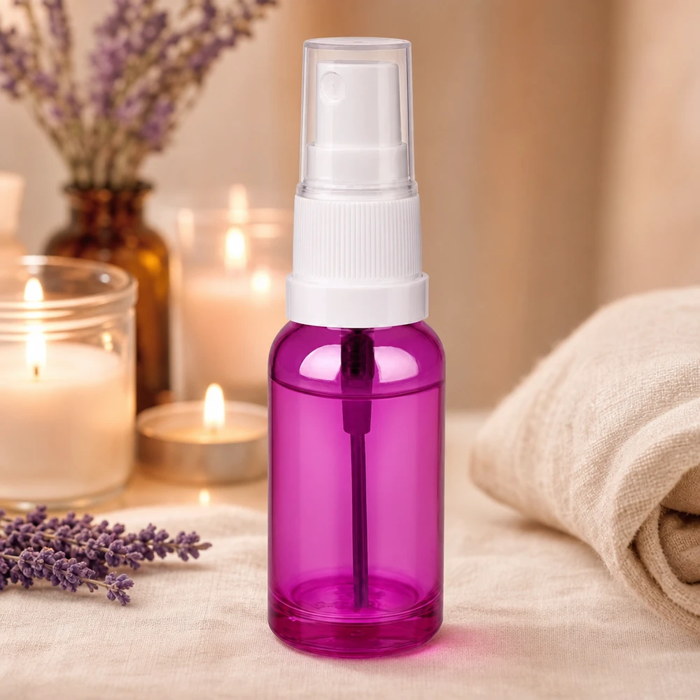 Flacone spray da 20 ml bianco/trasparente Standard PurpleLine UT18/20 Pratico flacone da 20 ml con attacco a spruzzo nel look PurpleLine per la cura della pelle in mobilità