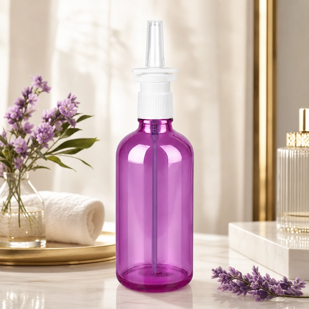 Flacone atomizzatore viola da 100 ml con tappo a prova di bambino e distribuzione uniforme del dosaggio