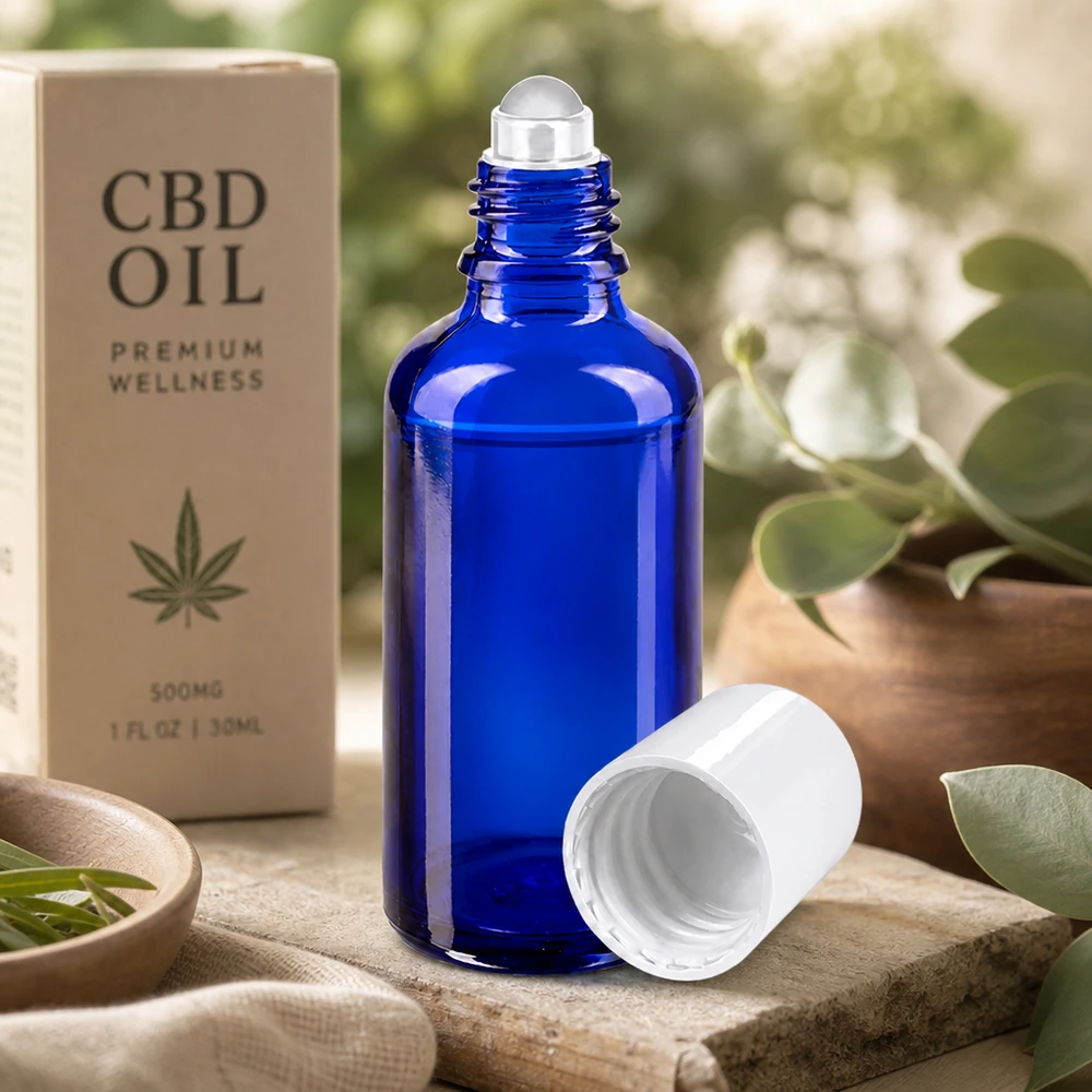 Flacone per deodorante stick in vetro blu 50 ml, roll-on vuoto Vaso da farmacia blu da 50 ml con applicatore a rotella, ideale per sieri all’olio di CBD e prodotti per la cura del corpo