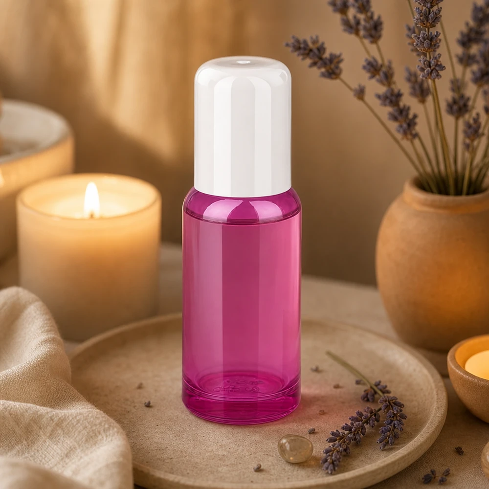 Pratico flacone in vetro da 20 ml con sistema rollball di colore viola per uso mobile