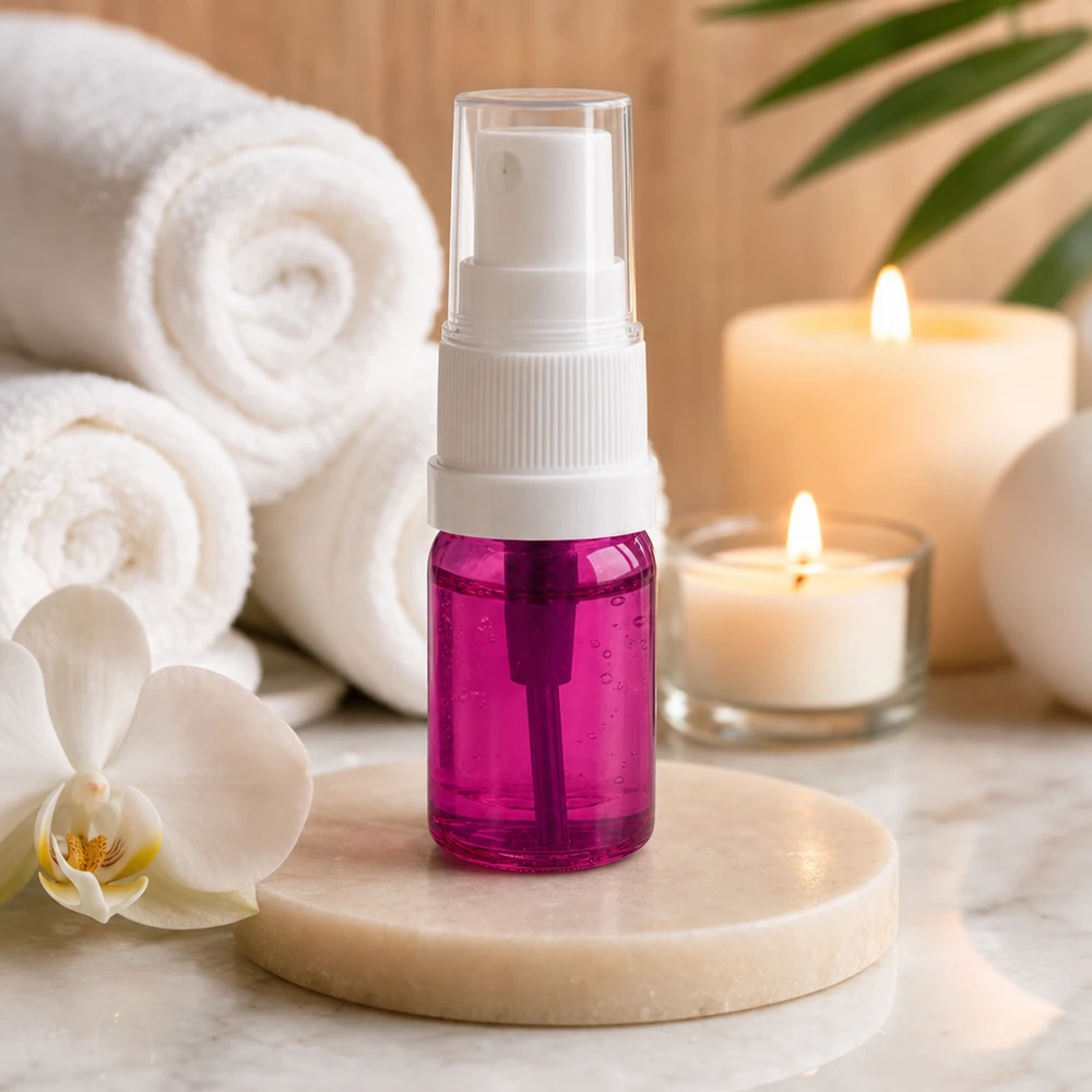 Flacone spray da 5 ml bianco/trasparente Standard PurpleLine UT18/5 Flacone spray leggero da 5 ml in materiale trasparente color magenta per cosmetici e miscele fai da te