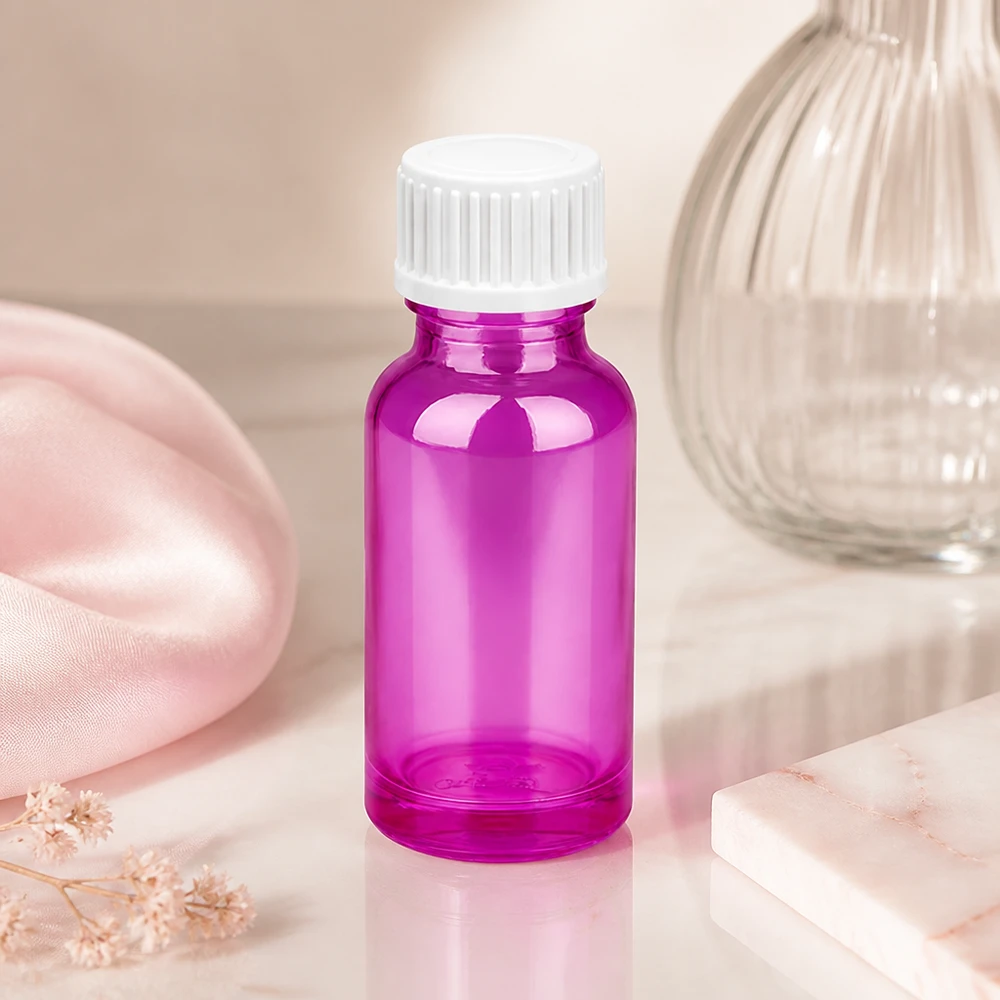 Flacone da 20 ml (globuli) con anello di versamento bianco standard PurpleLine.UT18/20 Flacone in vetro da 20 ml di colore viola con pratica filettatura a vite per una facile manipolazione