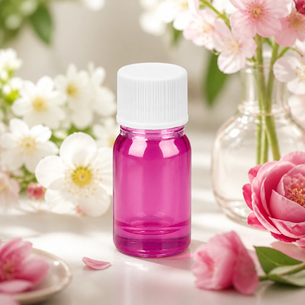 Flacone da 5 ml in vetro viola con protezione UV e tappo bianco per la conservazione sicura di sostanze sensibili alla luce