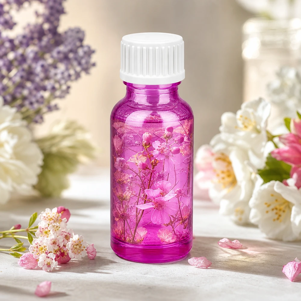 Pratico flacone da 20 ml di colore viola brillante, ideale per cosmetici e miscele fai-da-te.