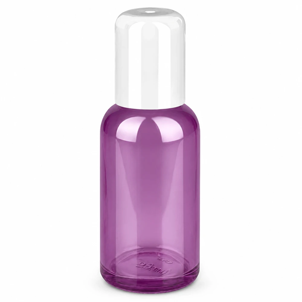Flacone roll-on compatto da 30 ml dal design viola con tappo applicatore bianco