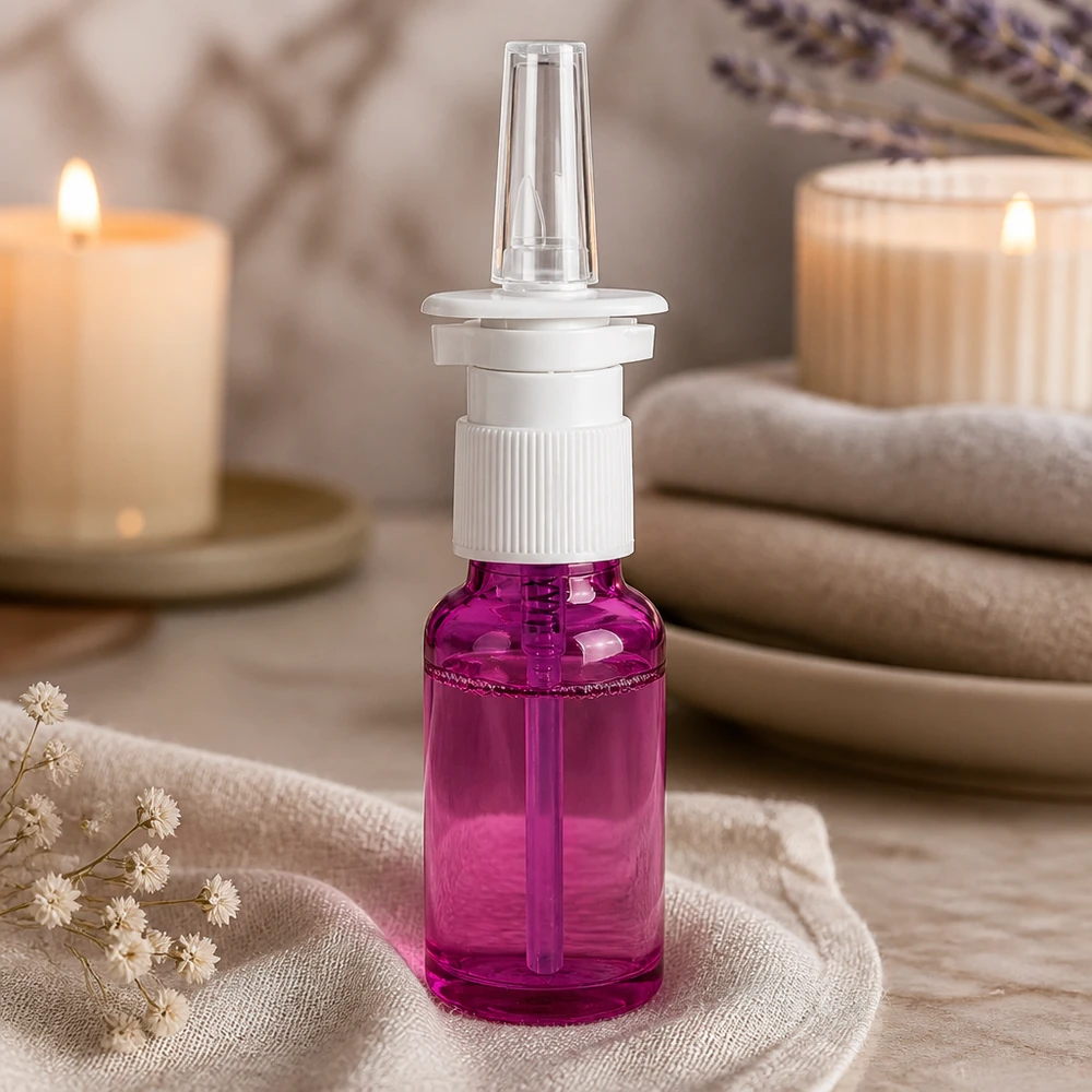 Pratico flacone da 20 ml con attacco per spray nasale, in colore viola, per i viaggi e gli spostamenti
