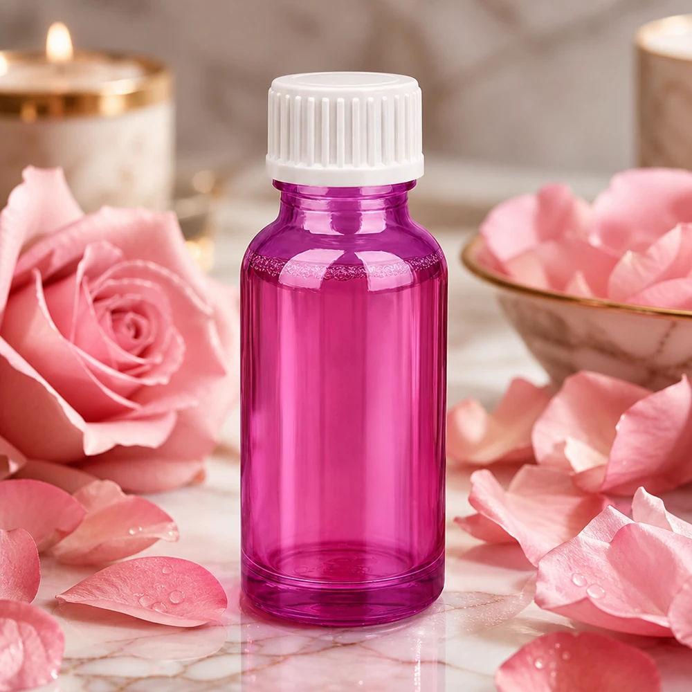 Flacone da 20 ml (globuli) con anello di versamento bianco standard PurpleLine.UT18/20 Flacone in vetro premium da 20 ml in un vivace colore viola con tappo a prova di bambino per prodotti naturali