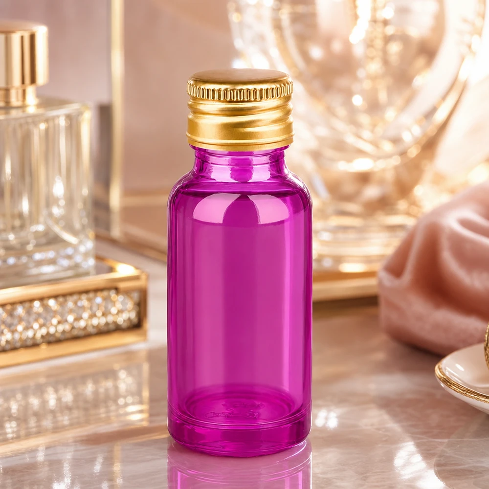 Flacone compatto da 20 ml in vetro viola con lussuoso coperchio dorato, ideale per gli oggetti essenziali da viaggio