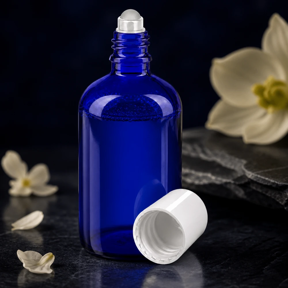 Flacone per deodorante stick in vetro blu 100 ml, roll-on vuoto Flacone roll-on da 100 ml color blu cobalto, realizzato in vetro da farmacia di alta qualità, con tappo a vite bianco aperto