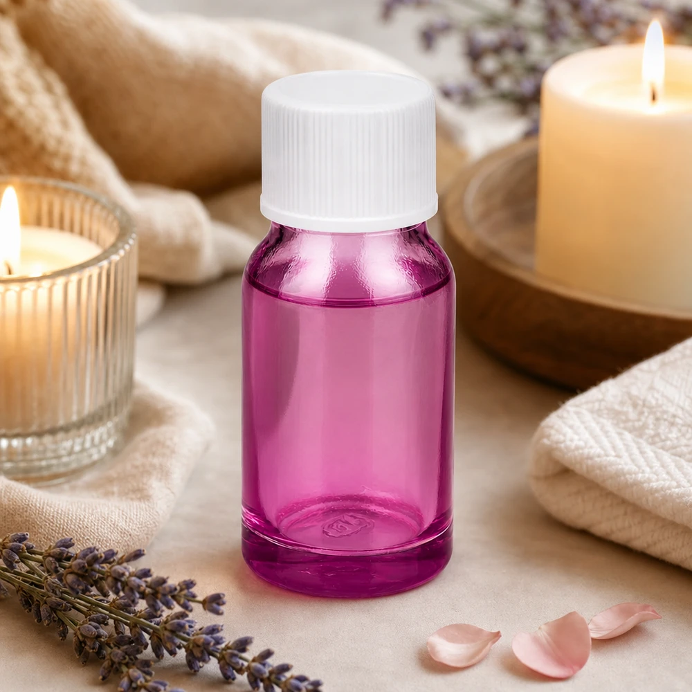 Flacone piccolo in vetro viola da 10 ml con tappo a vite bianco per aromaterapia professionale